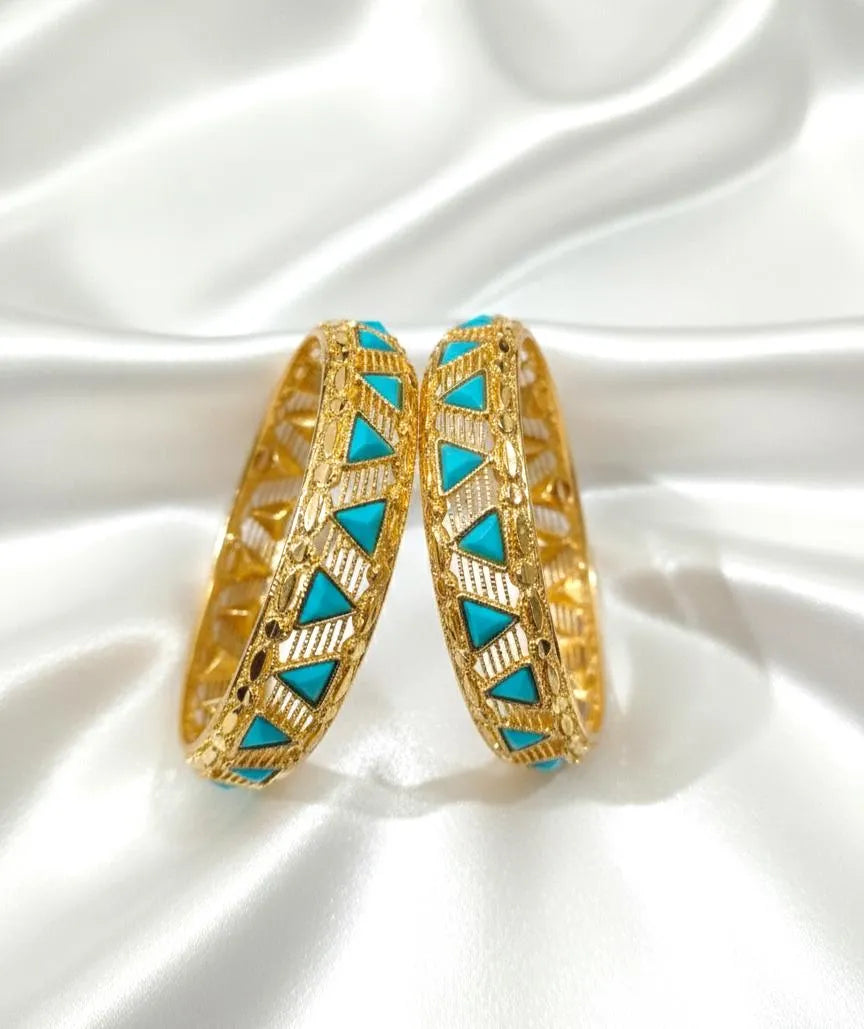 Gold Toned Blue Triangle Kara Bangles Set