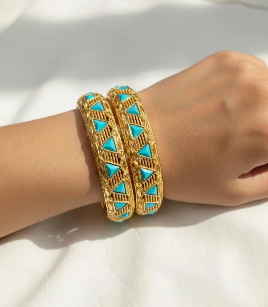 Gold Toned Blue Triangle Kara Bangles Set