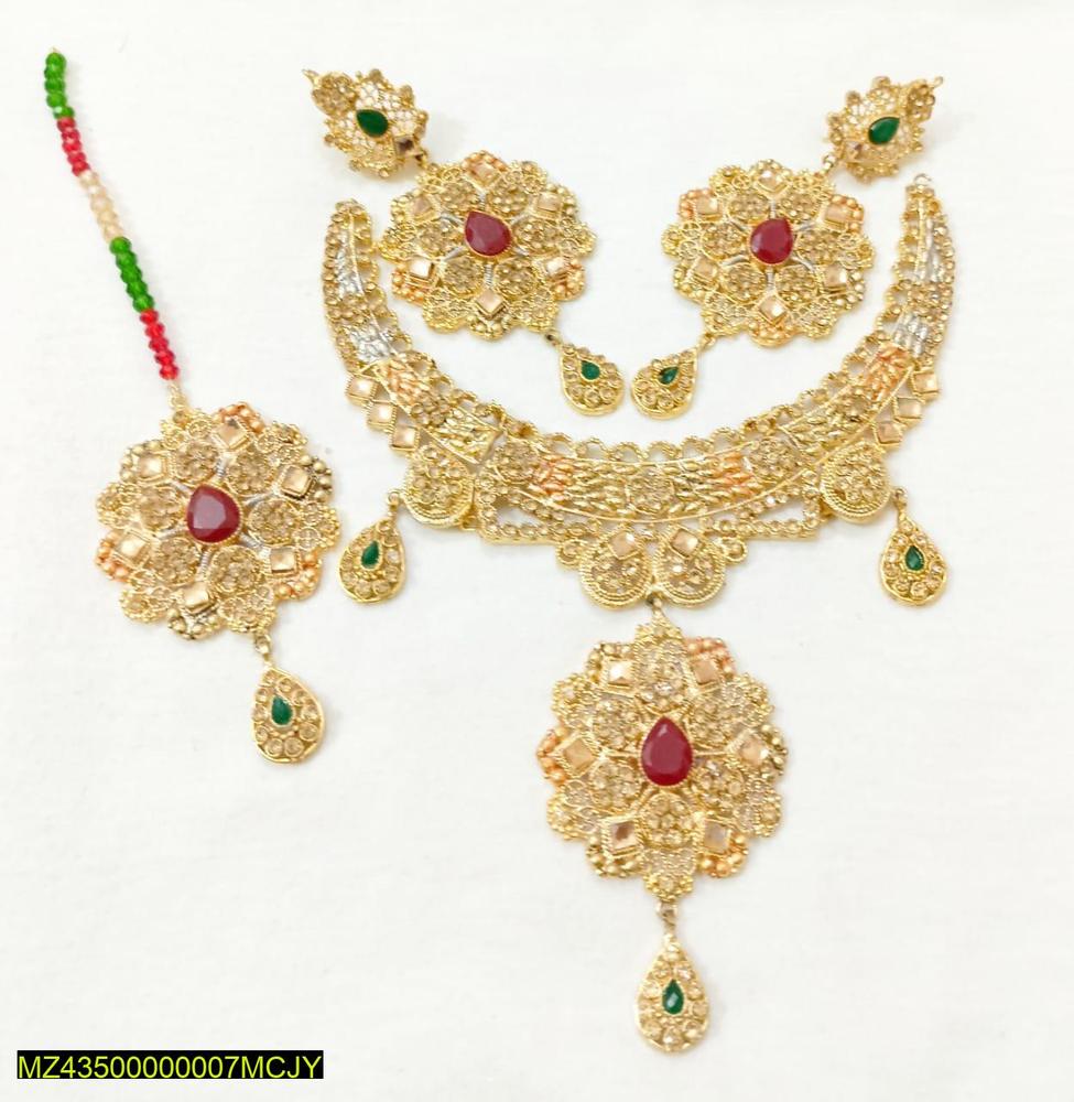 Gold Plated Bridal Choker Set with Red & Green Stones