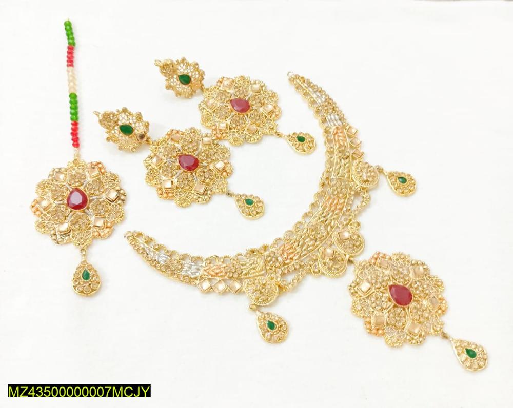 Gold Plated Bridal Choker Set with Red & Green Stones