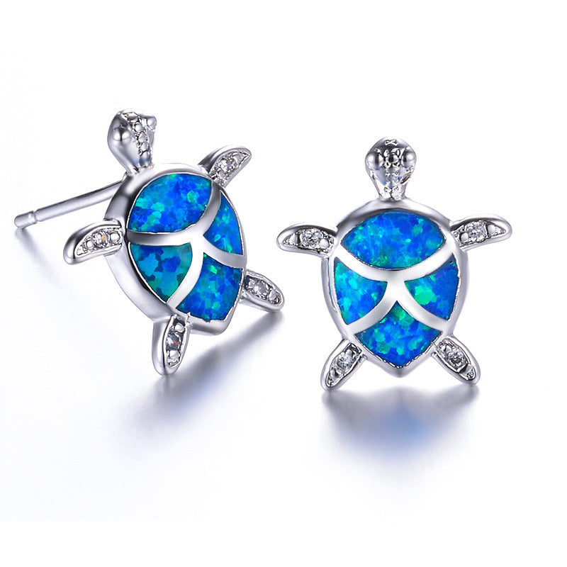 Marine Turtle Earrings Silver Opal Blue for Women