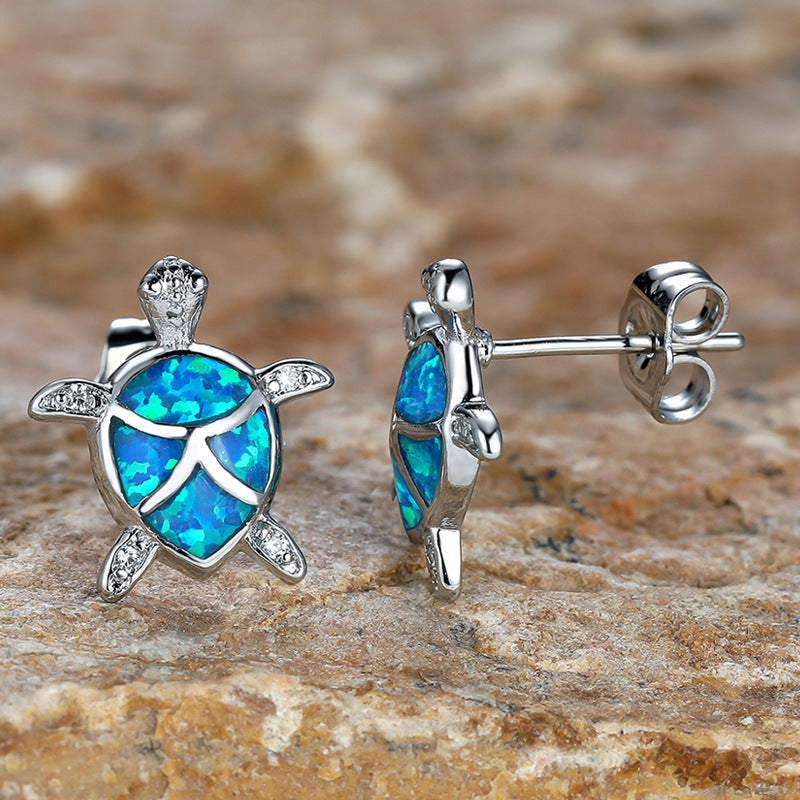 Marine Turtle Earrings Silver Opal Blue for Women