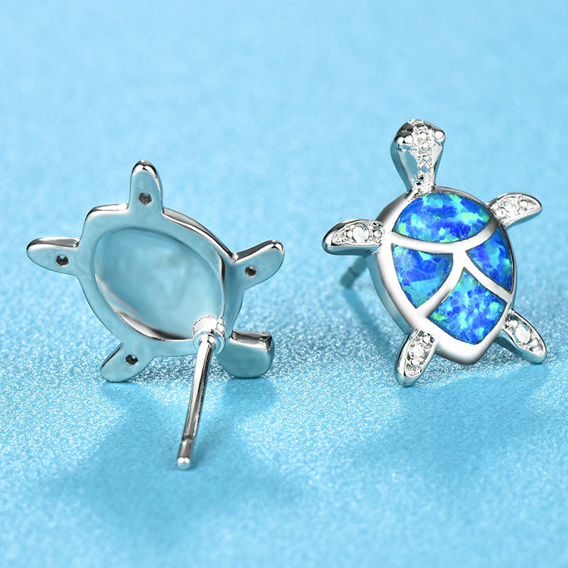 Marine Turtle Earrings Silver Opal Blue for Women