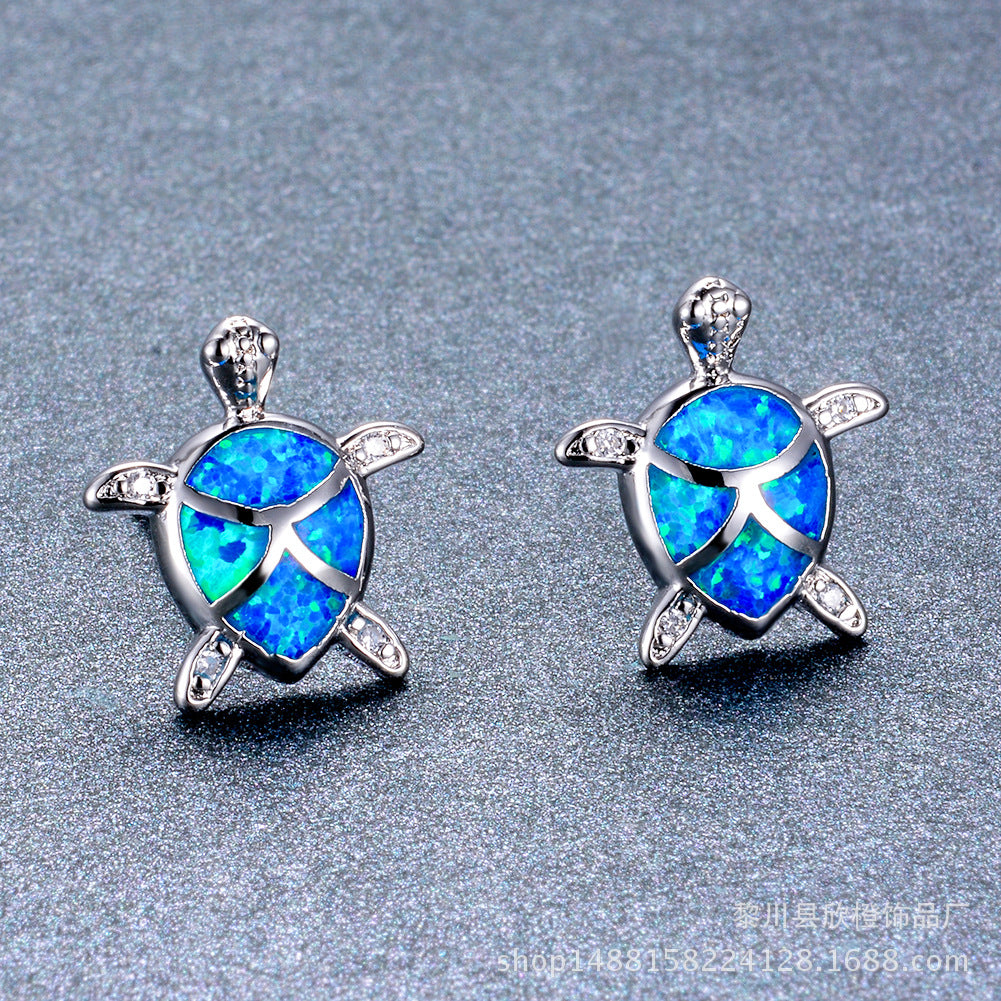 Marine Turtle Earrings Silver Opal Blue for Women