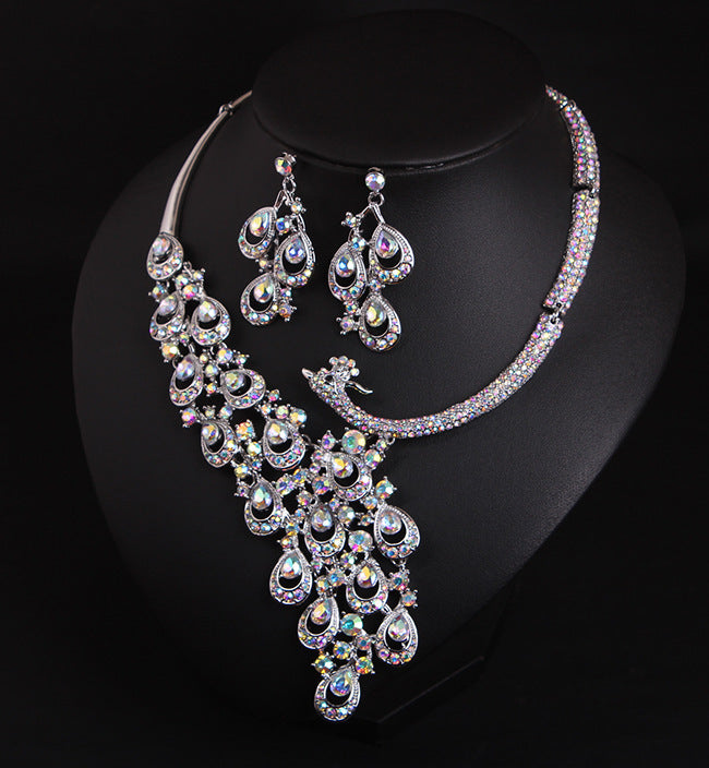 Exaggerated Crystal Peacock Necklace Earrings Set for Women