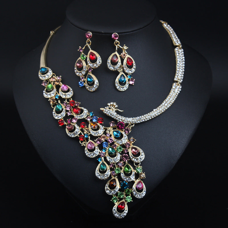 Exaggerated Crystal Peacock Necklace Earrings Set for Women