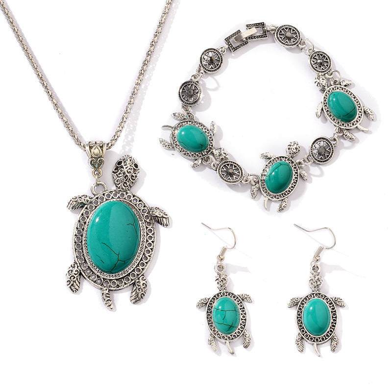 Turtle Jewelry Set Turquoise Silver Tones