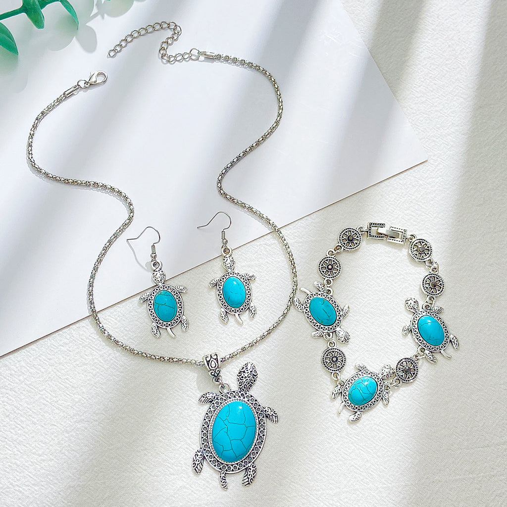 Turtle Jewelry Set Turquoise Silver Tones