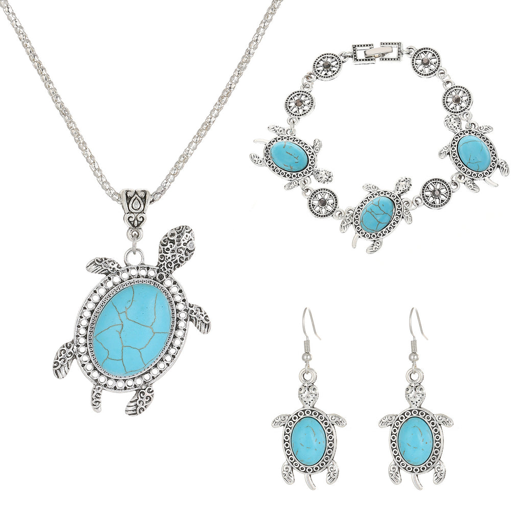 Turtle Jewelry Set Turquoise Silver Tones