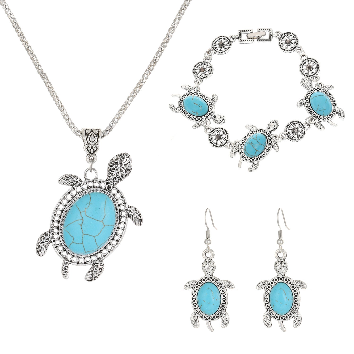 Turtle Jewelry Set Turquoise Silver Tones